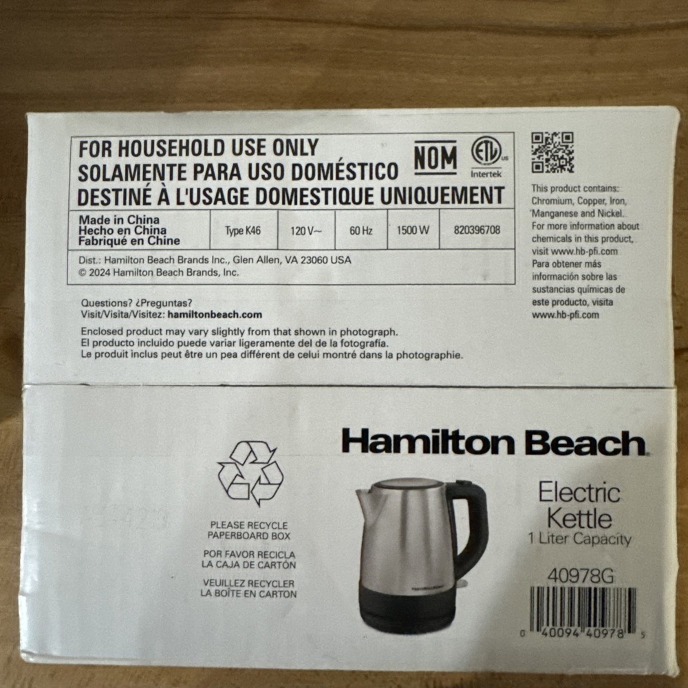 Hamilton Beach Electric Kettle 1 Liter Cord-Free Stainless Serving Pot 40978G - Picture 6 of 6